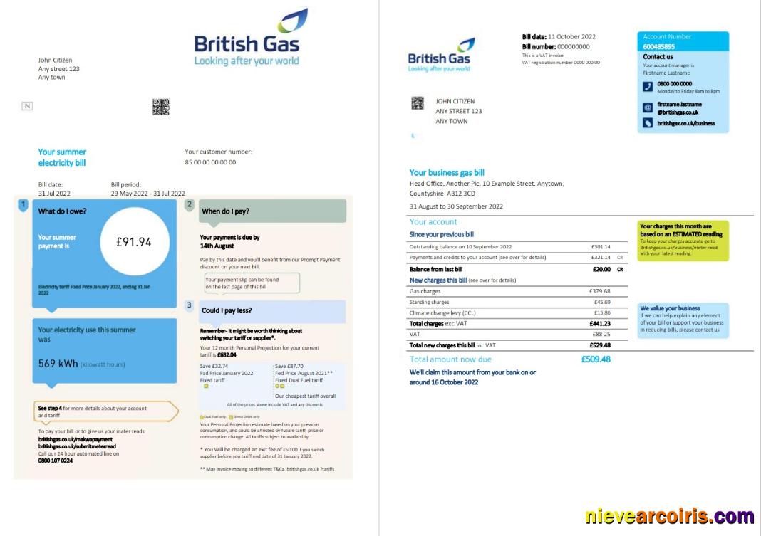 United Kingdom British Gas bill, 2 pages